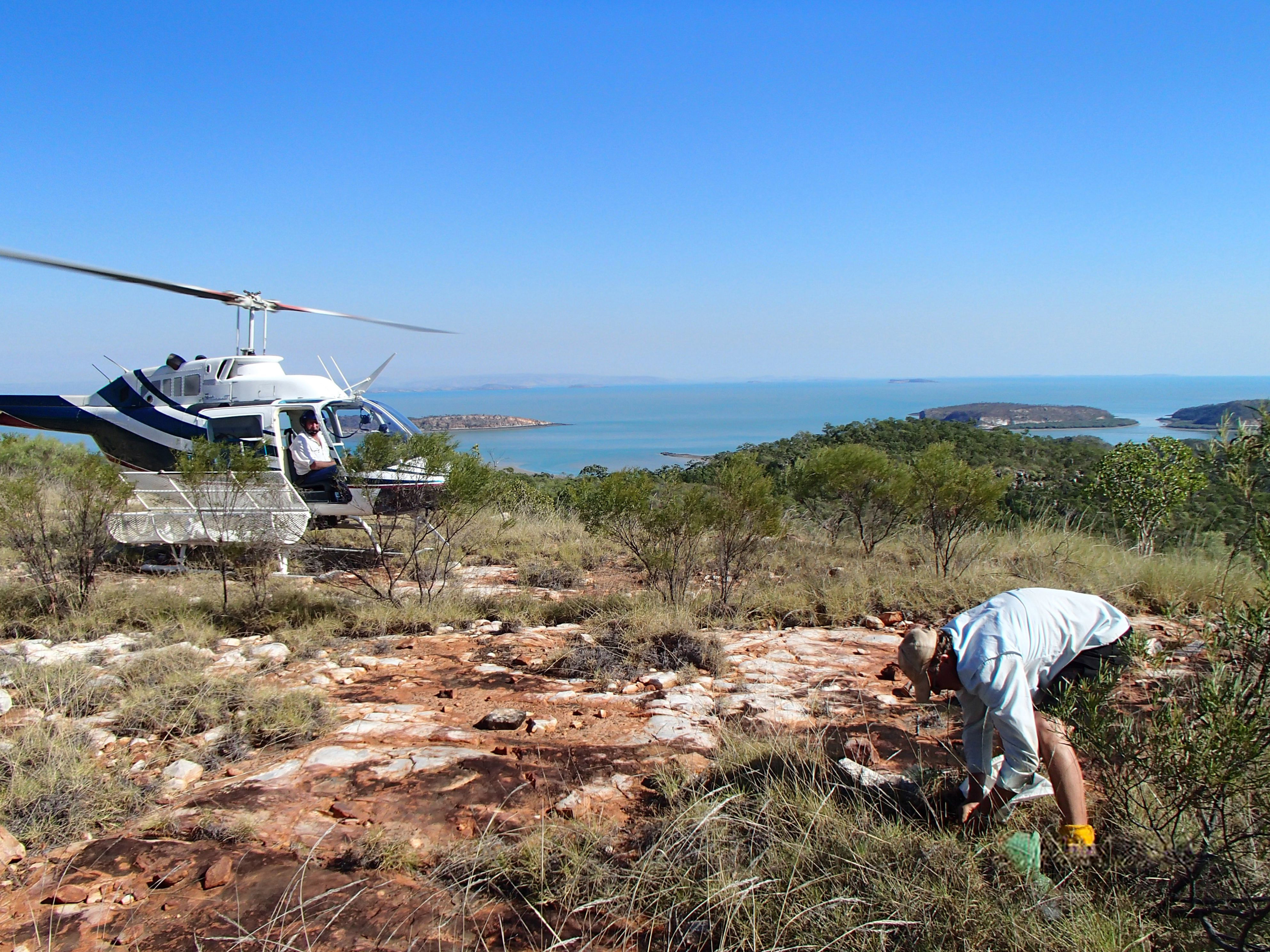 Regolith is poorly developed on the Yampi Peninsula in the western part of the Kimberley region of northwest Australia. Sampling is carried out by helicopter fitted with a skid-mounted basket to hold sampling equipment and expand the sample-carrying capacity. - Paul Morris, Gov of WA